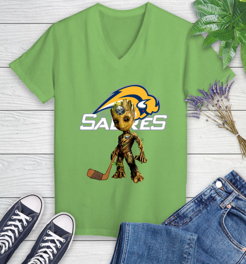 Buffalo Sabres NHL Hockey Groot Marvel Guardians Of The Galaxy Women's V-Neck T-Shirt 11