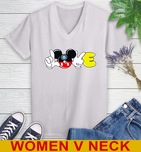 Seattle Mariners MLB Baseball Love Mickey Disney Sports Women's V-Neck T-Shirt