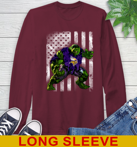 Minnesota Vikings Hulk Marvel Avengers NFL Football American Flag Long Sleeve T-Shirt 7