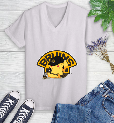 NHL Pikachu Hockey Sports Boston Bruins Women's V-Neck T-Shirt