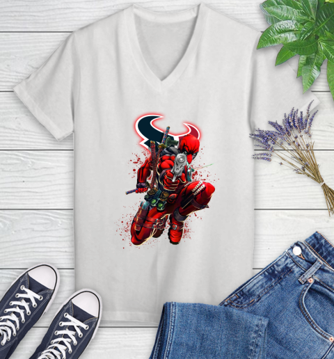 NFL Deadpool Marvel Comics Sports Football Houston Texans Women's V-Neck T-Shirt