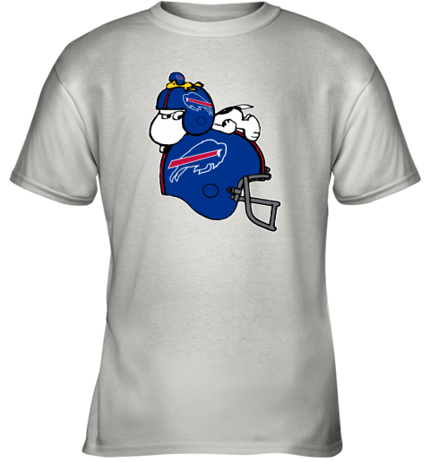 4469 snoopy and woodstock resting on buffalo bills helmet youth t shirt 26 front white