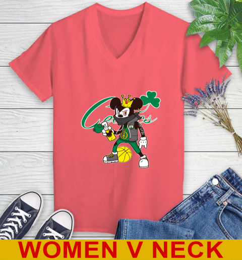 Boston Celtics NBA Basketball Mickey Peace Sign Sports Women's V-Neck T-Shirt 7