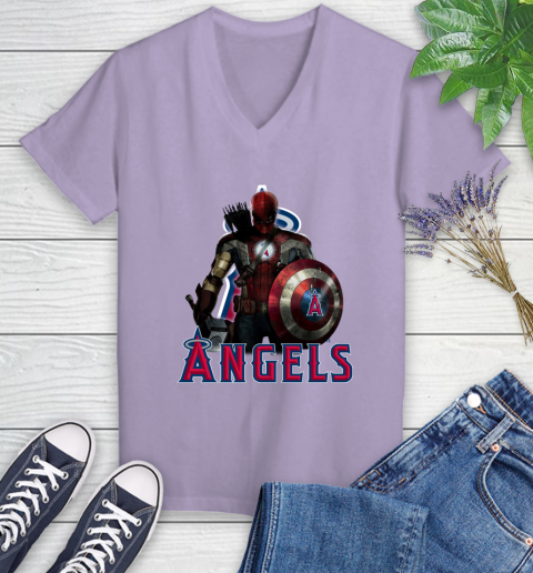 MLB Captain America Thor Spider Man Hawkeye Avengers Endgame Baseball Los Angeles Angels Women's V-Neck T-Shirt 14