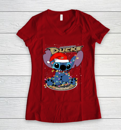 Anaheim Ducks NHL Hockey noel stitch Christmas Women's V-Neck T-Shirt 6