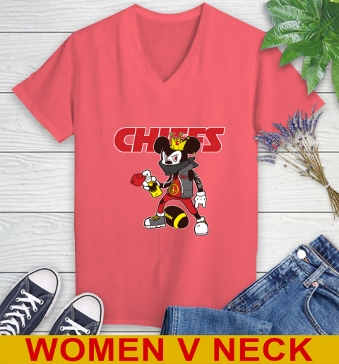 Kansas City Chiefs NFL Football Mickey Peace Sign Sports Women's V-Neck T-Shirt 7