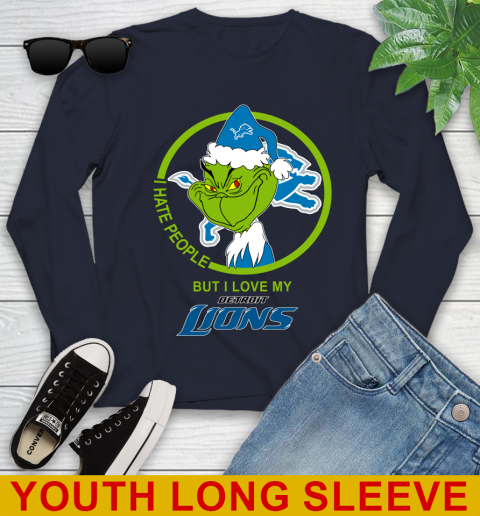 Detroit Lions NFL Christmas Grinch I Hate People But I Love My Favorite Football Team Youth Long Sleeve 3
