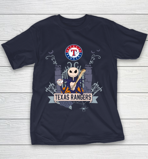 MLB Texas Rangers Baseball Jack Skellington Halloween Youth T-Shirt 2