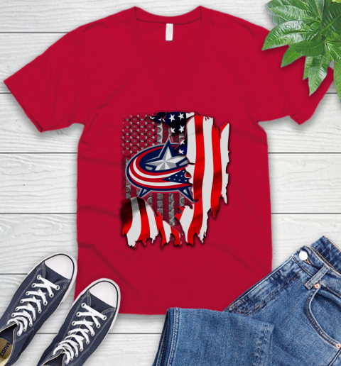 Columbus Blue Jackets NHL Hockey American Flag V-Neck T-Shirt 6