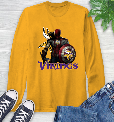 NFL Captain America Thor Spider Man Hawkeye Avengers Endgame Football Minnesota Vikings Long Sleeve T-Shirt 3