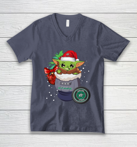 Dallas Stars Christmas Baby Yoda Star Wars Funny Happy NHL V-Neck T-Shirt 8