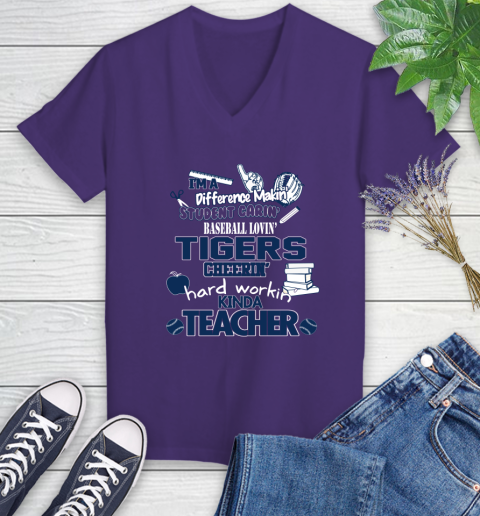 Detroit Tigers MLB I'm A Difference Making Student Caring Baseball Loving Kinda Teacher Women's V-Neck T-Shirt 3