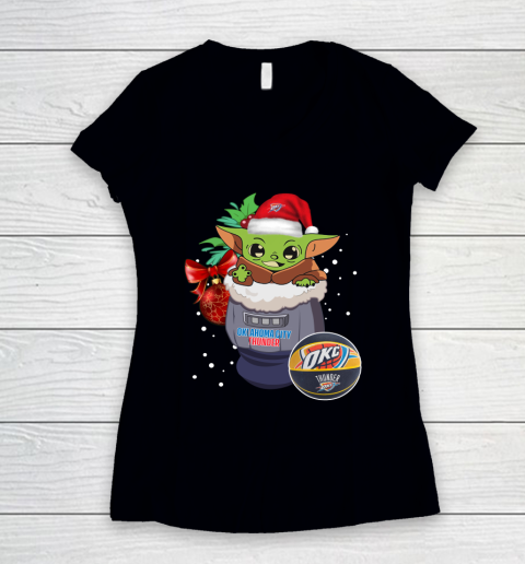 Oklahoma City Thunder Christmas Baby Yoda Star Wars Funny Happy NBA Women's V-Neck T-Shirt