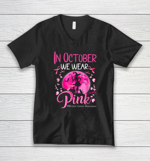 In October We Wear Ribbon pink Halloween Witch Breast Cancer V-Neck T-Shirt