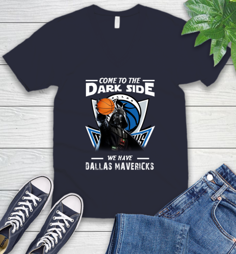 NBA Come To The Dark Side We Have Dallas Mavericks Star Wars Darth Vader Basketball V-Neck T-Shirt 2