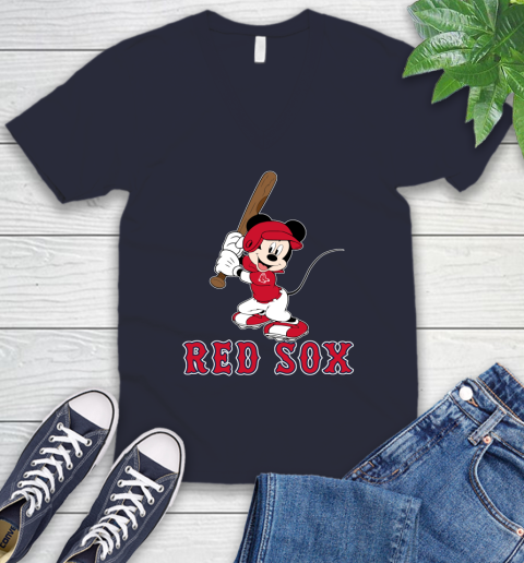 MLB Baseball Boston Red Sox Cheerful Mickey Mouse Shirt V-Neck T-Shirt 3