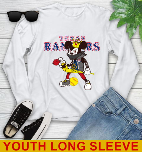 Texas Rangers MLB Baseball Mickey Peace Sign Sports Youth Long Sleeve
