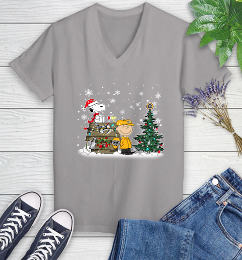NHL Nashville Predators Snoopy Charlie Brown Woodstock Christmas Stanley Cup Hockey Women's V-Neck T-Shirt 4