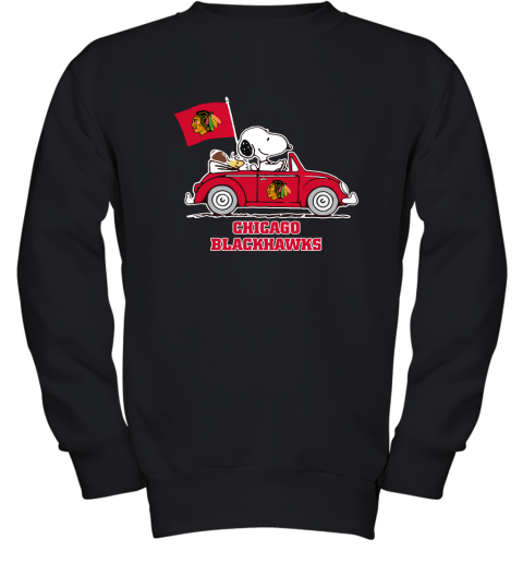 Snoopy And Woodstock Ride The Chicago Blackhawks Car NHL Youth Sweatshirt