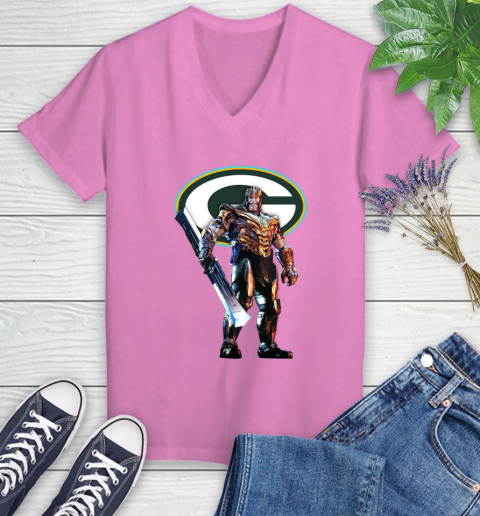 NFL Thanos Gauntlet Avengers Endgame Football Green Bay Packers Women's V-Neck T-Shirt 14