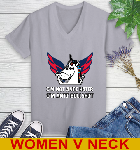 Washington Capitals NHL Hockey Unicorn I'm Not Anti Hater I'm Anti Bullshit Women's V-Neck T-Shirt 5