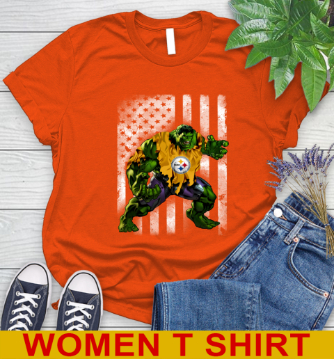 Pittsburgh Steelers Hulk Marvel Avengers NFL Football American Flag Women's T-Shirt 3