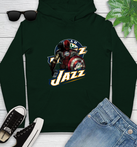 Utah Jazz NBA Basketball Captain America Thor Spider Man Hawkeye Avengers Youth Hoodie 13