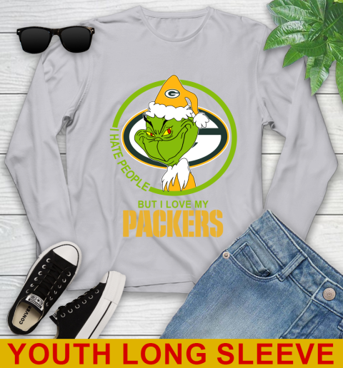 Green Bay Packers NFL Christmas Grinch I Hate People But I Love My Favorite Football Team Youth Long Sleeve 6
