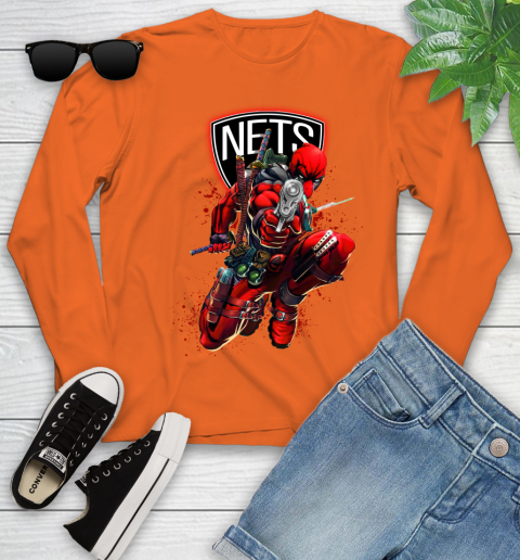 NBA Deadpool Marvel Comics Sports Basketball Brooklyn Nets Youth Long Sleeve 4