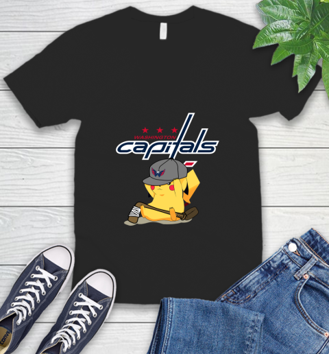 NHL Pikachu Hockey Sports Washington Capitals V-Neck T-Shirt 2