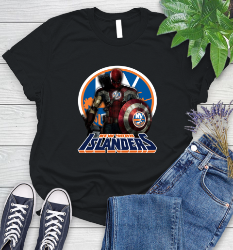 NHL Captain America Thor Spider Man Hawkeye Avengers Endgame Hockey New York Islanders Women's T-Shirt 2