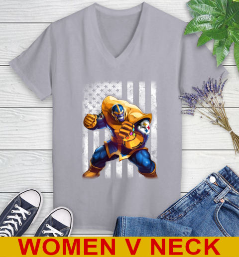 NFL Football Pittsburgh Steelers Thanos Marvel American Flag Shirt Women's V-Neck T-Shirt 4