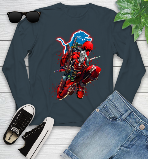 NFL Deadpool Marvel Comics Sports Football Detroit Lions Youth Long Sleeve 8
