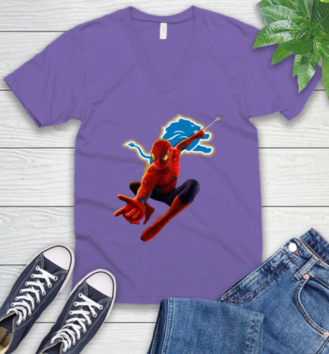 NFL Spider Man Avengers Endgame Football Detroit Lions V-Neck T-Shirt 9