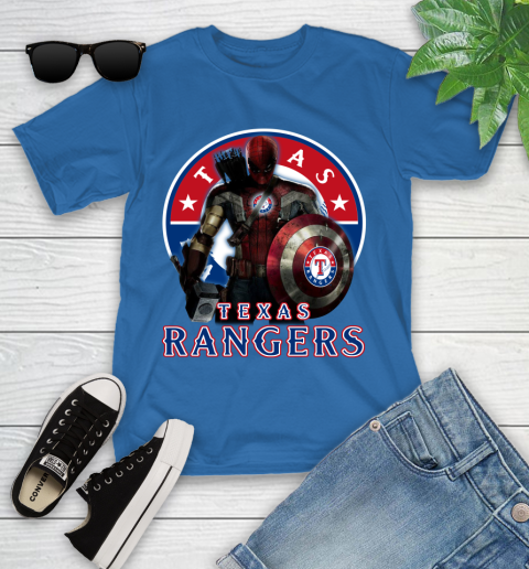 MLB Captain America Thor Spider Man Hawkeye Avengers Endgame Baseball Texas Rangers Youth T-Shirt 9