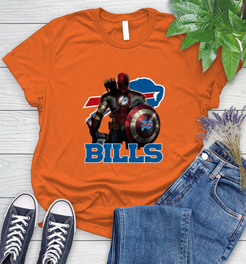 NFL Captain America Thor Spider Man Hawkeye Avengers Endgame Football Buffalo Bills Women's T-Shirt 4