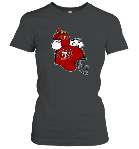 two7 snoopy and woodstock resting on san francisco 49ers helmet ladies t shirt 20 front black