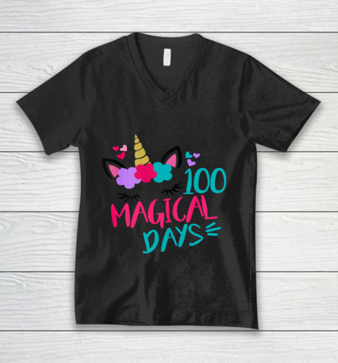 Kids 100 Magical Days Cute 100 Days of School Girls Unicorn V-Neck T-Shirt