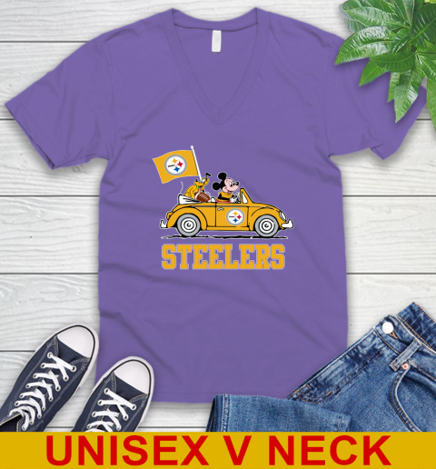 NFL Football Pittsburgh Steelers Pluto Mickey Driving Disney Shirt V-Neck T-Shirt 9