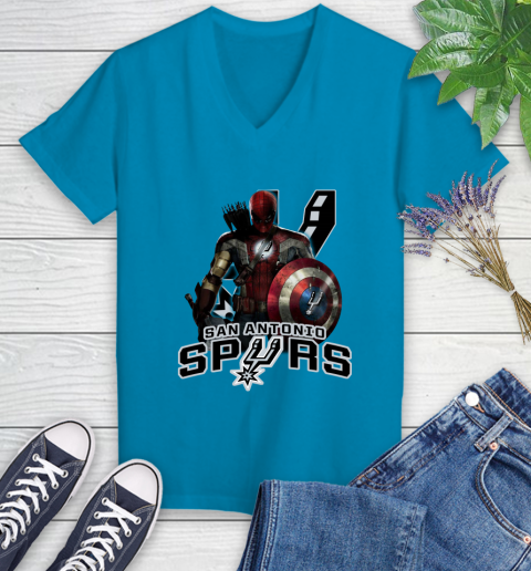 San Antonio Spurs NBA Basketball Captain America Thor Spider Man Hawkeye Avengers Women's V-Neck T-Shirt 7
