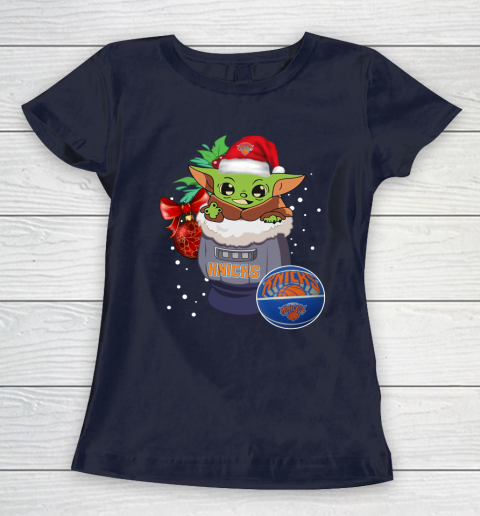 New York Knicks Christmas Baby Yoda Star Wars Funny Happy NBA Women's T-Shirt 4