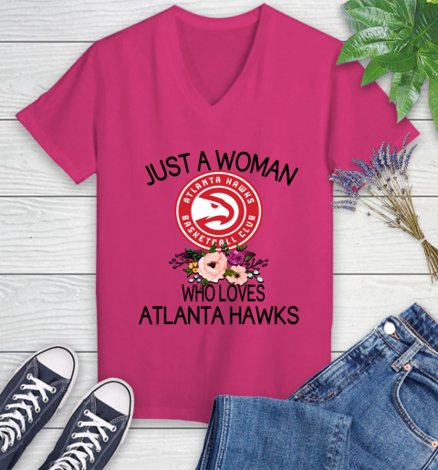 NBA Just A Woman Who Loves Atlanta Hawks Basketball Sports Women's V-Neck T-Shirt 5