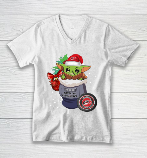 Carolina Hurricanes Christmas Baby Yoda Star Wars Funny Happy NHL V-Neck T-Shirt 2