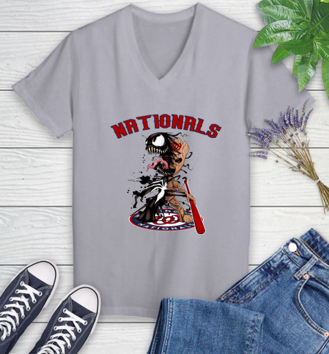 MLB Washington Nationals Baseball Venom Groot Guardians Of The Galaxy Women's V-Neck T-Shirt 4