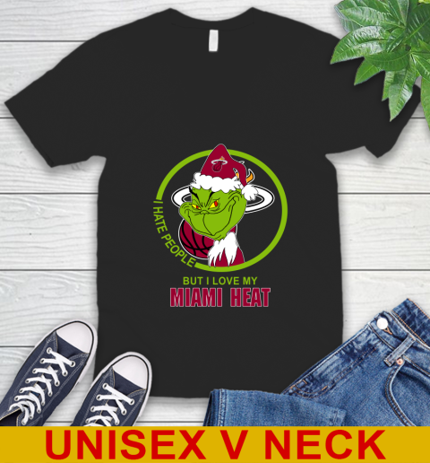 Miami Heat NBA Christmas Grinch I Hate People But I Love My Favorite Basketball Team V-Neck T-Shirt 2