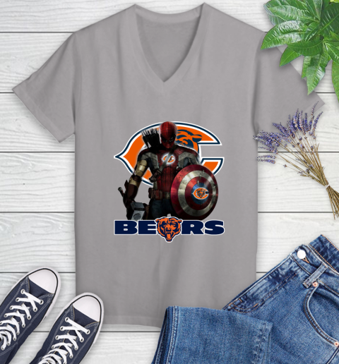NFL Captain America Thor Spider Man Hawkeye Avengers Endgame Football Chicago Bears Women's V-Neck T-Shirt 4