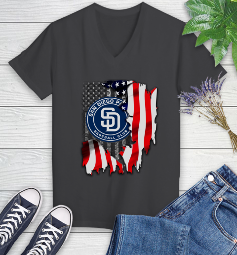 San Diego Padres MLB Baseball American Flag Women's V-Neck T-Shirt 8