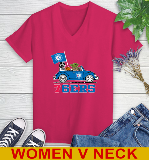 NBA Basketball Philadelphia 76ers Darth Vader Baby Yoda Driving Star Wars Shirt Women's V-Neck T-Shirt 10