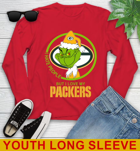 Green Bay Packers NFL Christmas Grinch I Hate People But I Love My Favorite Football Team Youth Long Sleeve 11