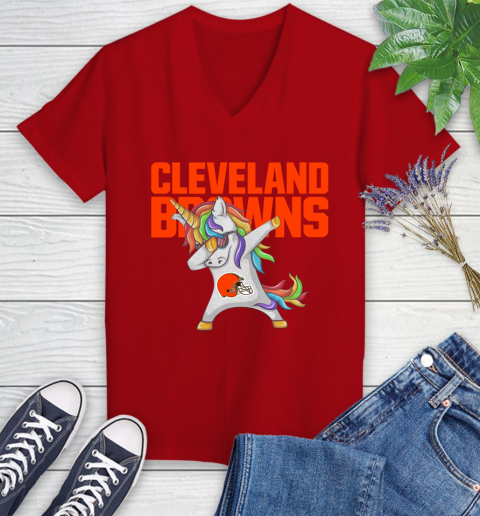 Cleveland Browns NFL Football Funny Unicorn Dabbing Sports Women's V-Neck T-Shirt 12